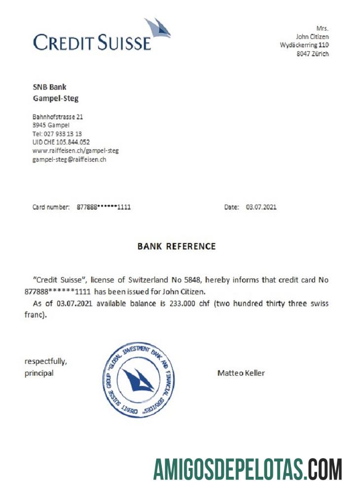 Referência do Credit Suisse Suíça exemplo